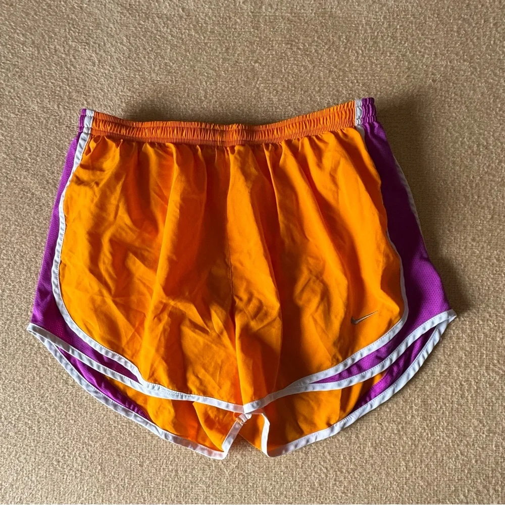 Nike Women's Orange Running Shorts with Purple Side Panels